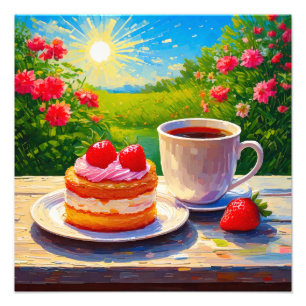 Aardbeienkoek en koffie Delight Foto Afdruk