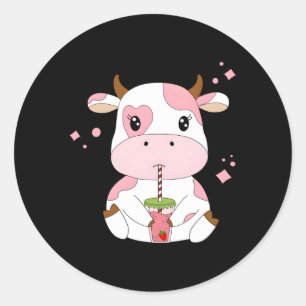 Aardbeienmelk Kawaii Esthetische K Koe Print Ronde Sticker