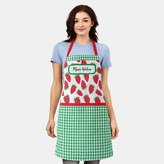 Aardbeienvelden en Green Gingham Check Schort (Gedragen)