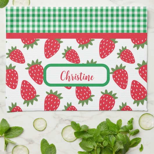 Aardbeienvelden en groene Gingham keukenhanddoeken (Gevouwen)