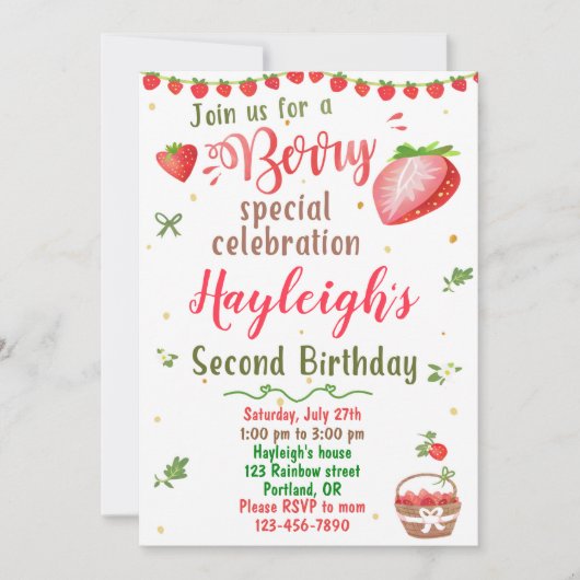 Aardbeienverjaardagsuitnodiging Berry zoete party Kaart (Voorkant)