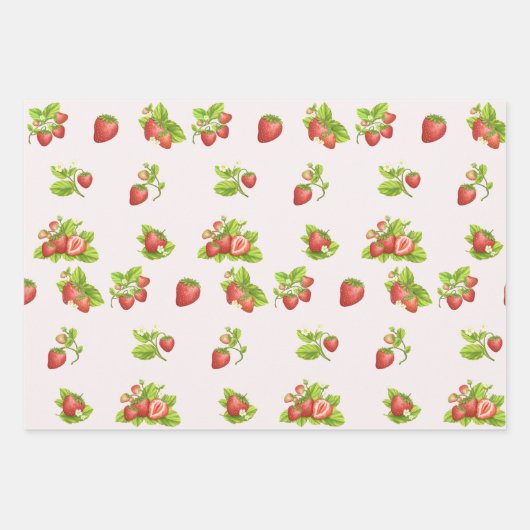 Aardbeienvruchten, bladeren en bloemen inpakpapier vel (Voorkant 3)