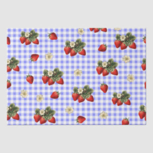 Aardbeienweefselpapier op blauwe gingham tissuepapier