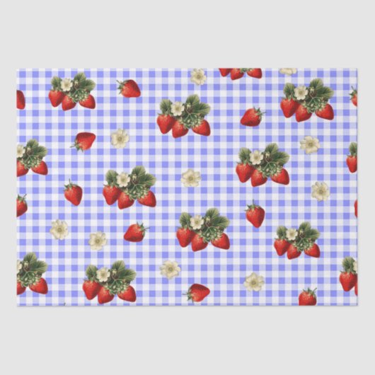 Aardbeienweefselpapier op blauwe gingham tissuepapier (Voorkant)
