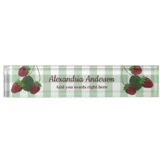 Aardbeienwijnstok en gingham bureau naambord