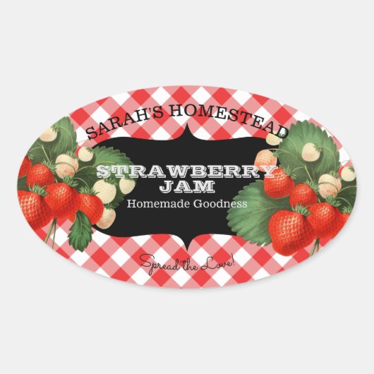 aardbeietiket Vruchtenreservaat Gingham Ovale Sticker (Voorkant)