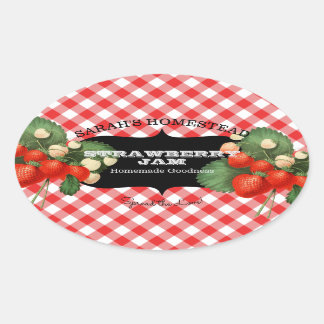 aardbeietiket Vruchtenreservaat Gingham Ovale Sticker