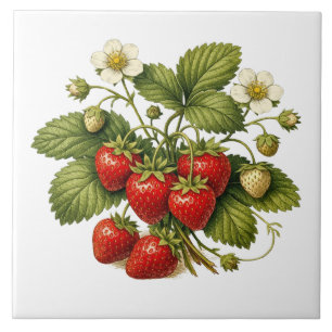 Aardbeiplant in vintage stijl met rijpe bessen tegeltje