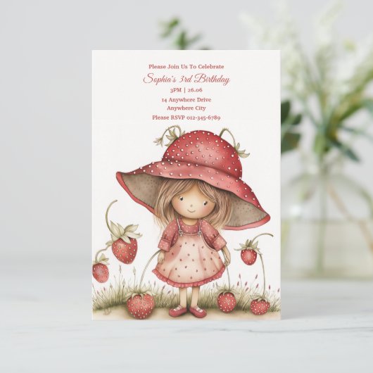 Aardbeismeisje Feest Uitnodiging (Staand voorkant)