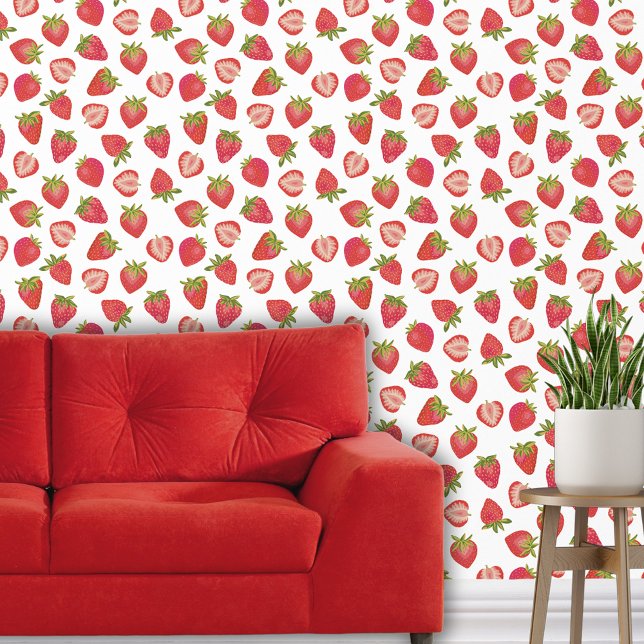 aardbeivruchten behang (Strawberry pattern red wallpaper)