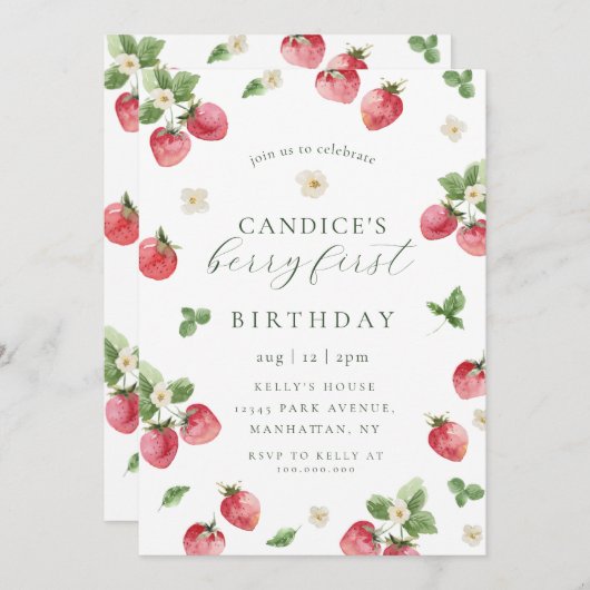 Aardbessen, eerste verjaardag, uitnodiging (Voorkant / Achterkant)