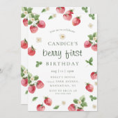 Aardbessen, eerste verjaardag, uitnodiging (Voorkant / Achterkant)