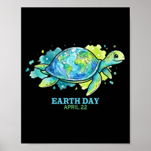 Aarddag waterverf zeeschildpad wereldbol schelp re poster