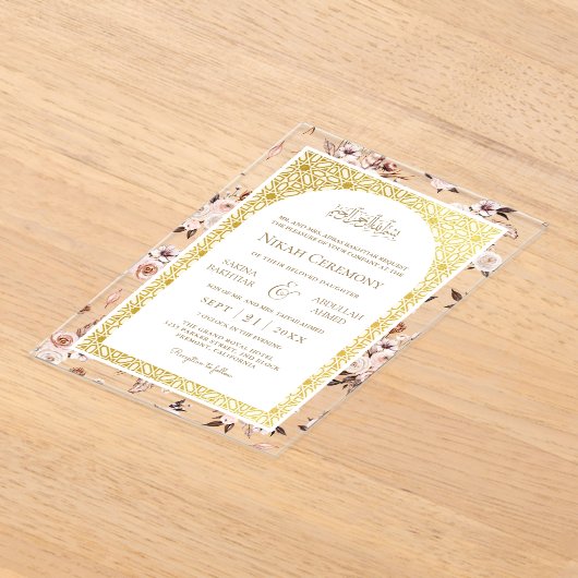 Aarde Cream Bloemen Goud Patroon Moslim Bruiloft Acryl Uitnodigingen (Laagn)