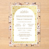 Aarde Cream Bloemen Goud Patroon Moslim Bruiloft Acryl Uitnodigingen (Voorkant)