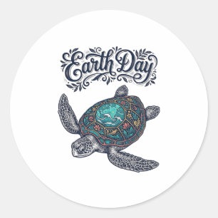Aarde Dag Zee Schildpad Vintage Gravure Shirt Ontw Ronde Sticker