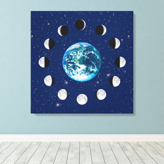 Aarde- en Moonfasen, op een achtergrond van sterre Canvas Afdruk (Insitu (Houten vloer))