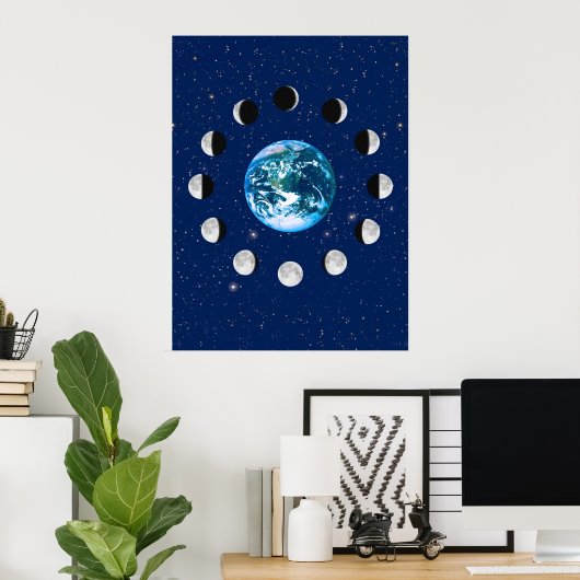 Aarde- en Moonfasen, op een achtergrond van sterre Poster (Thuiskantoor)