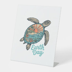 Aardedag Zeeschildpad Vintage Gravure Shirt Ontwer Reclamebord Met Voetstuk