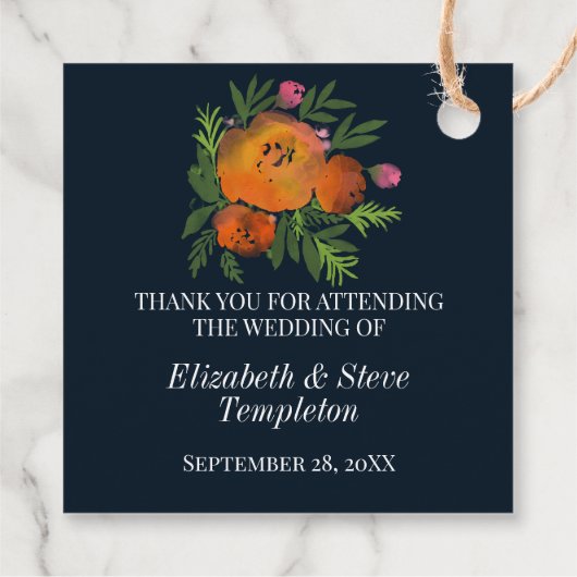 Aardetinten Verbrand Sinaasappel Navy Bloemen Huwe Bedankjes Labels (Achterkant)