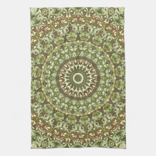 Aardgroen en bruin mandala patroonontwerp theedoek