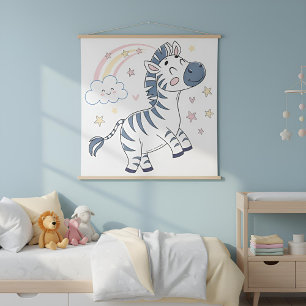 Aardig Cartoon Zebra met Regenboog en Sterren   Wandkleed
