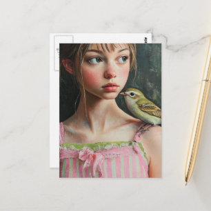 Aardig meisje met een knuffelvogel op haar schoude briefkaart