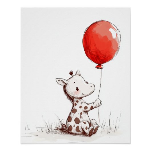 Aardige baby-giraf met rode ballon perfect poster (Voorkant)