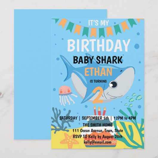Aardige Baby Shark Verjaardagsfeest Uitnodiging (Voorkant / Achterkant)