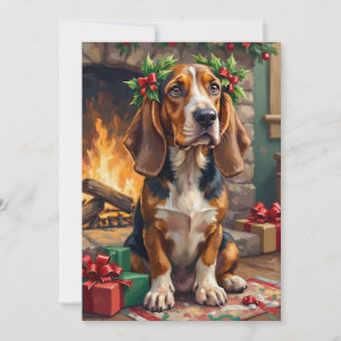 Aardige Basset Hound-hond met Kerstkrans Feestdagenkaart