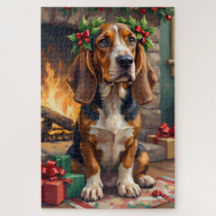 Aardige Basset Hound-hond met Kerstkrans Legpuzzel