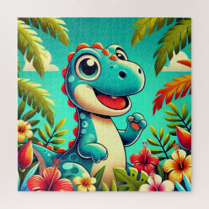 Aardige Cartoon Dinosaur in Levendige Tropische Om Legpuzzel