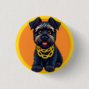 Aardige Cartoon Zwarte Hond met Gouden Ketting Ronde Button 3,2 Cm