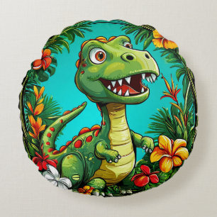 Aardige dinosaurus omringd door kleurrijke bloemen rond kussen