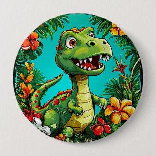 Aardige dinosaurus omringd door kleurrijke bloemen ronde button 4,0 cm