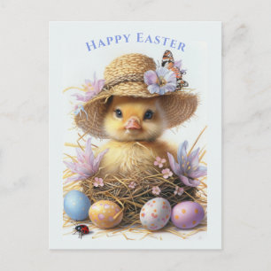Aardige Eend Straw Hoed Paaseieren Bloemen Briefkaart