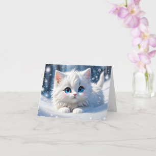 Aardige Fluffy Witte Kat Blauwe Ogen Lege Groet Kaart