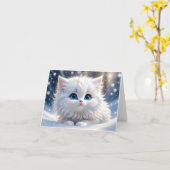 Aardige Fluffy Witte Kat Blauwe Ogen Lege Groet Kaart (Gele Bloem)