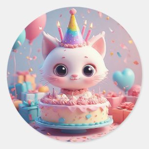 Aardige Geanimeerde Kat die een Verjaardagsfeest V Ronde Sticker