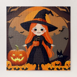 Aardige Heks in Halloween-omgeving met Pompoenen Legpuzzel