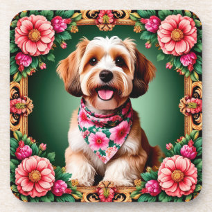 Aardige hond omlijst door kleurrijke bloemen bier onderzetter