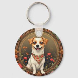Aardige hond omlijst door kleurrijke bloemen sleutelhanger