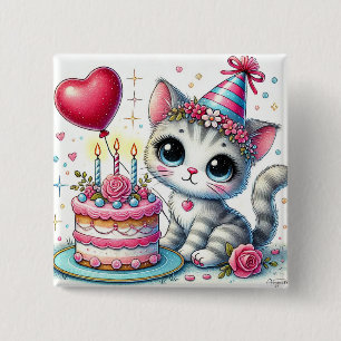 Aardige kat die verjaardag viert met taart vierkante button 5,1 cm