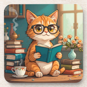Aardige kat draagt een bril en leest een boek bier onderzetter