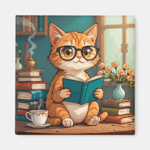 Aardige kat draagt een bril en leest een boek magneet