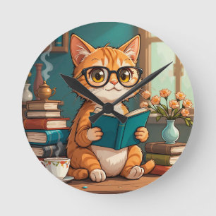 Aardige kat draagt een bril en leest een boek ronde klok