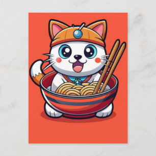 Aardige kat genietend van smakelijke Ramen Noedel Feestdagenkaart