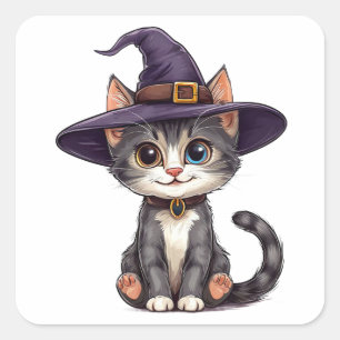 Aardige kat in heksenhoed vierkante sticker