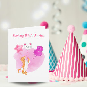 Aardige kat met ballonnen voor 8e verjaardag kaart