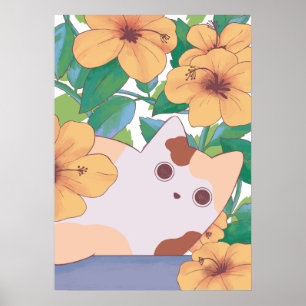 Aardige kat met bloemen poster